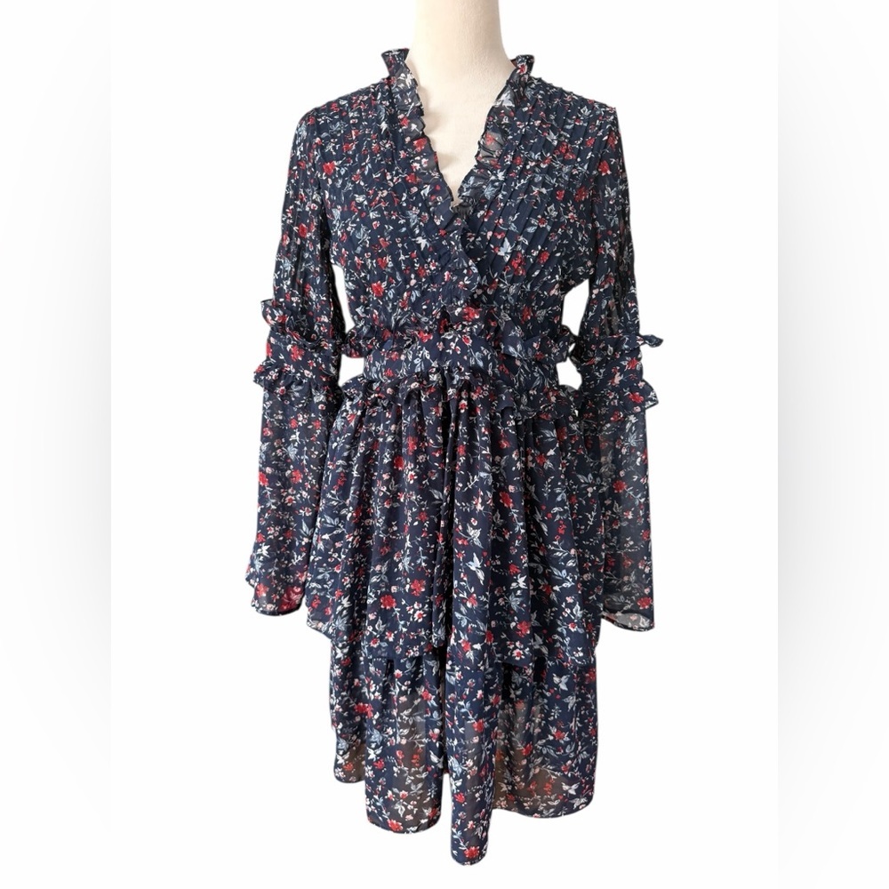 Walter Baker Navy Blue Floral Long Sleeve Pleated Dress
